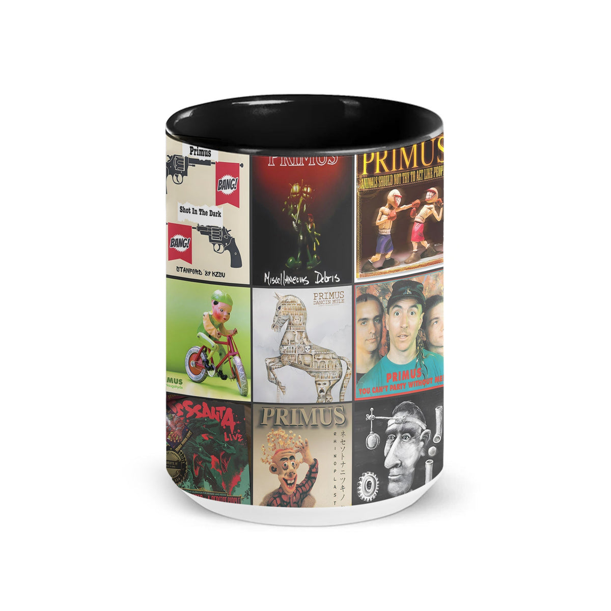 PRIMUS Black Two-Tone Accent Coffee Mug - Classic Band Album Covers Collage Mug