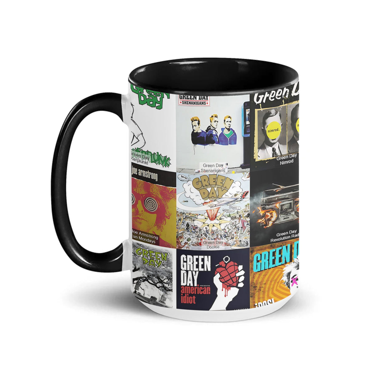 Green Day Black Two-Tone Accent Coffee Mug - Classic Band Album Covers Collage Mug