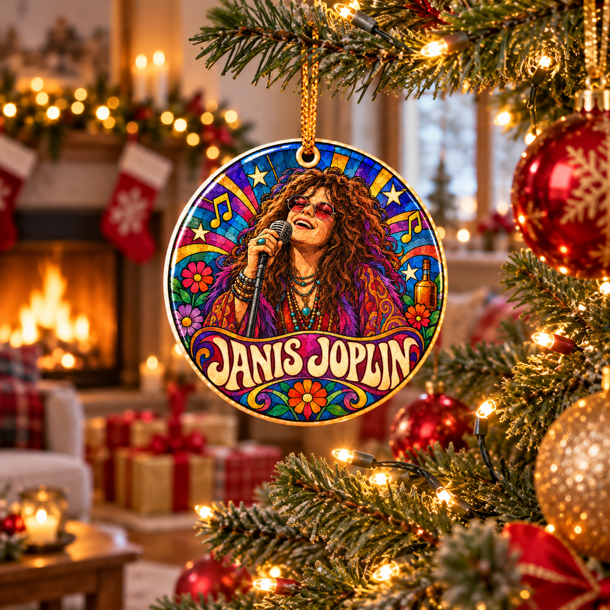 Janis Joplin Stained Glass Ceramic Ornament, 60s Psychedelic Rock Legend Christmas Tree Decor