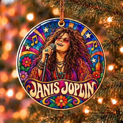 Janis Joplin Stained Glass Ceramic Ornament, 60s Psychedelic Rock Legend Christmas Tree Decor