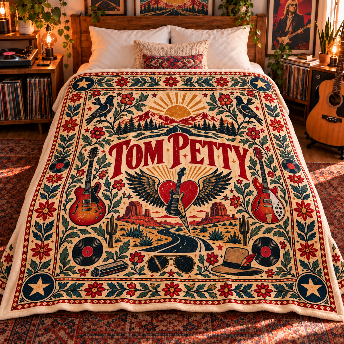 Tom Petty Sherpa Throw Blanket - Winged Heart Guitar & Desert Highway Soft Cover - Heartland Rock Music Fan Unique Gift Idea