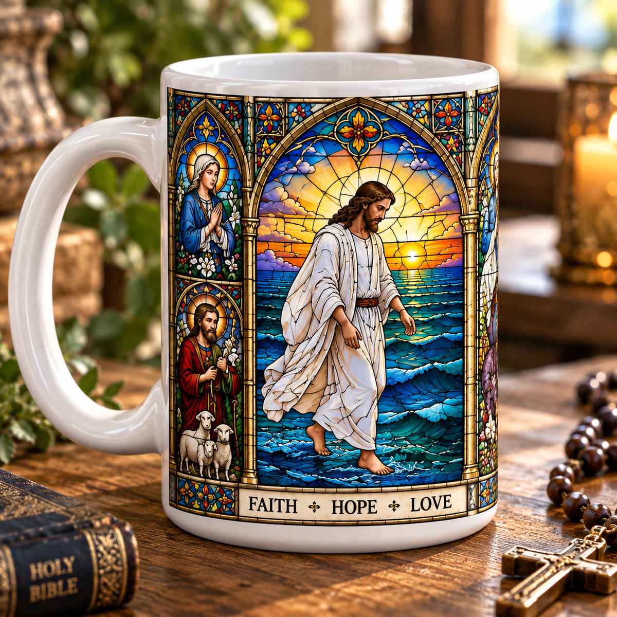 Christian Stained Glass Mug, Cross & Holy Family Coffee Cup, Religious Faith Gift, Bible Inspired Church Window Mug