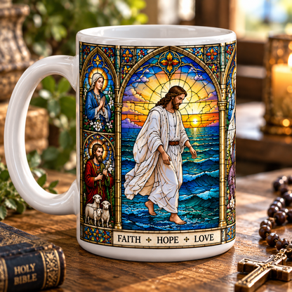 Christian Stained Glass Mug, Cross & Holy Family Coffee Cup, Religious Faith Gift, Bible Inspired Church Window Mug