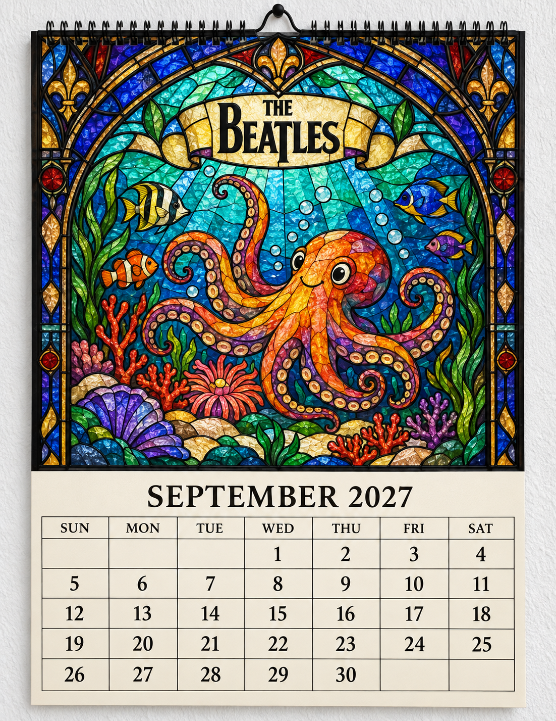 The Beatles 2027 Stained Glass Calendar – Vintage Beatles Wall Calendar, Music Lover Gift