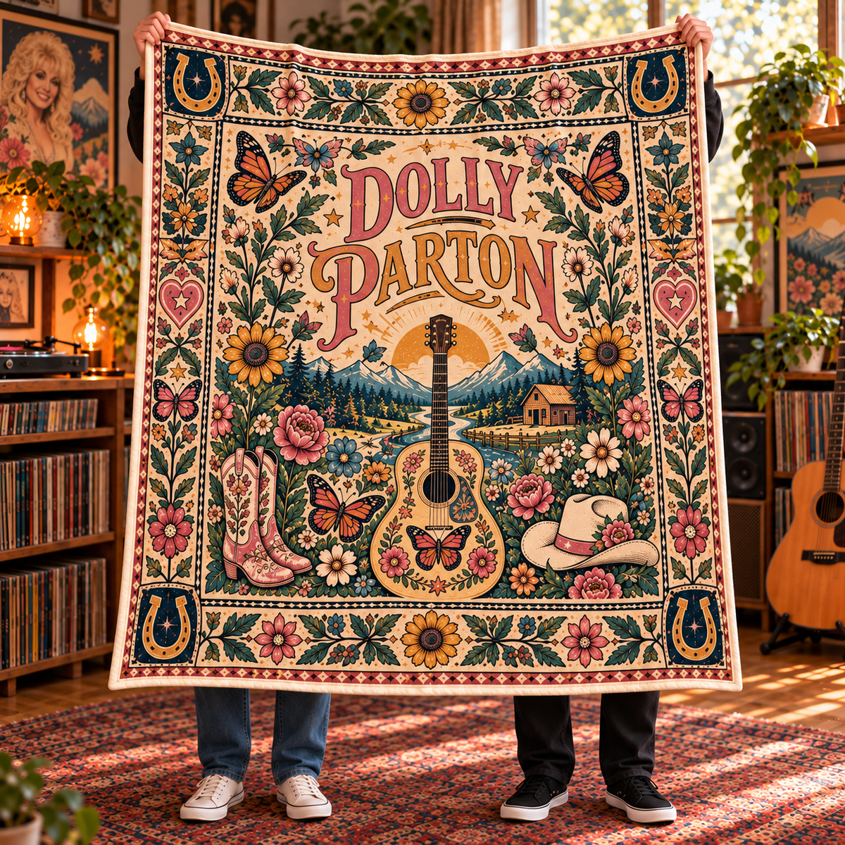 Dolly Parton Sherpa Throw Blanket - Cowboy Boots & Guitar Soft Plush Cover - Country Music Queen Fan Unique Birthday Gift Idea