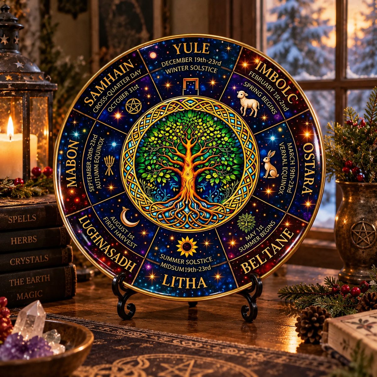 Wheel of the Year Pagan Decorative Plate, Yule Samhain Ostara Beltane Celtic Tree of Life Decor, Wiccan Sabbat Gift