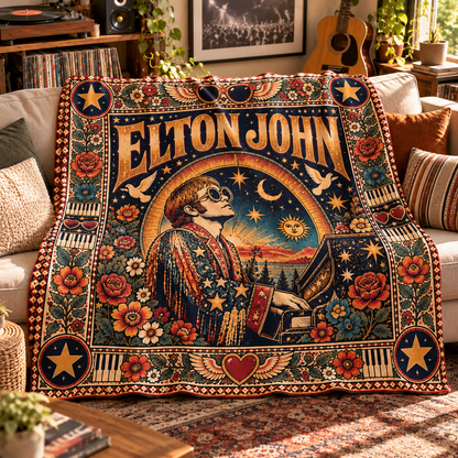 Elton John Sherpa Throw Blanket - Piano & Celestial Star Glasses Soft Cover - Glam Rock Music Legend Fan Unique Gift Idea