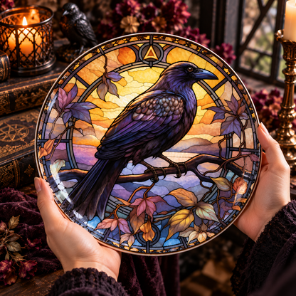 Mystical Raven Stained Glass Ceramic Plate – Gothic Purple Crow Decorative Porcelain Dish