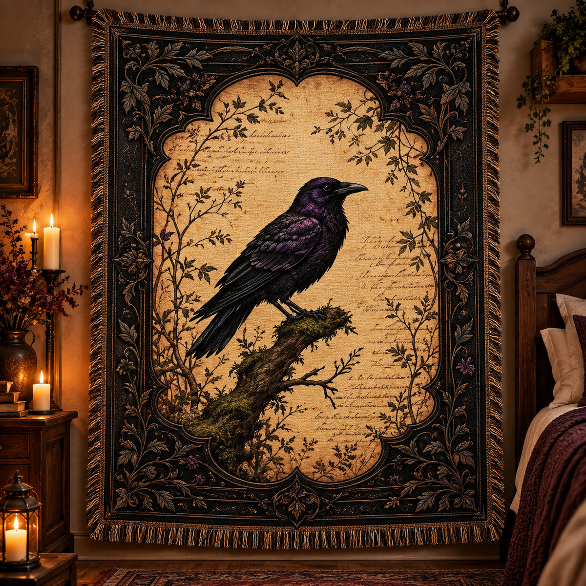 Vintage Crow Botanical Woven Blanket – Dark Academia Raven Tapestry Throw with Baroque Frame