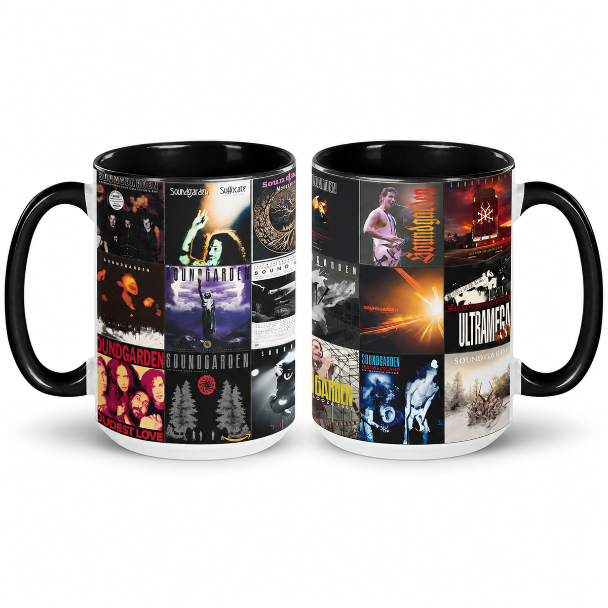 Soundgarden Black Two-Tone Accent Coffee Mug - Classic Band Album Covers Collage Mug