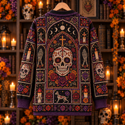 Day of the Dead Cardigan, Sugar Skull Gothic Knit Sweater, Dia de los Muertos Floral Cardigan, Mexican Folk Art Alternative Gift