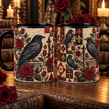 Gothic Raven & Red Roses Quilt Coffee Mug – Vintage Patchwork Crow Ceramic Cup