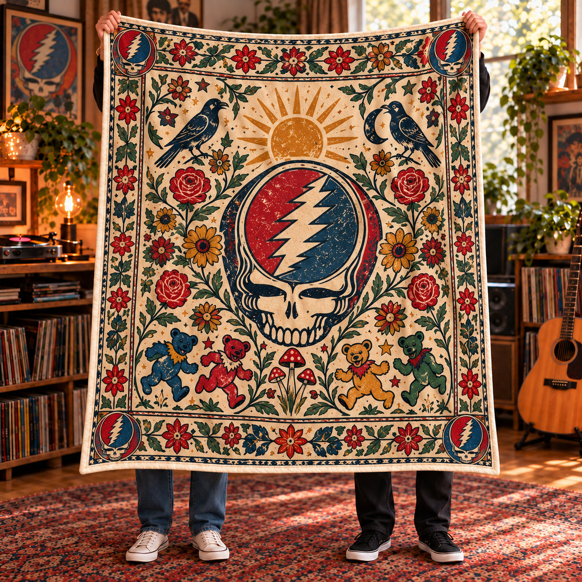 Grateful Dead Sherpa Throw Blanket - Steal Your Face & Dancing Bears Soft Cover - Psychedelic Rock Music Fan Gift Idea