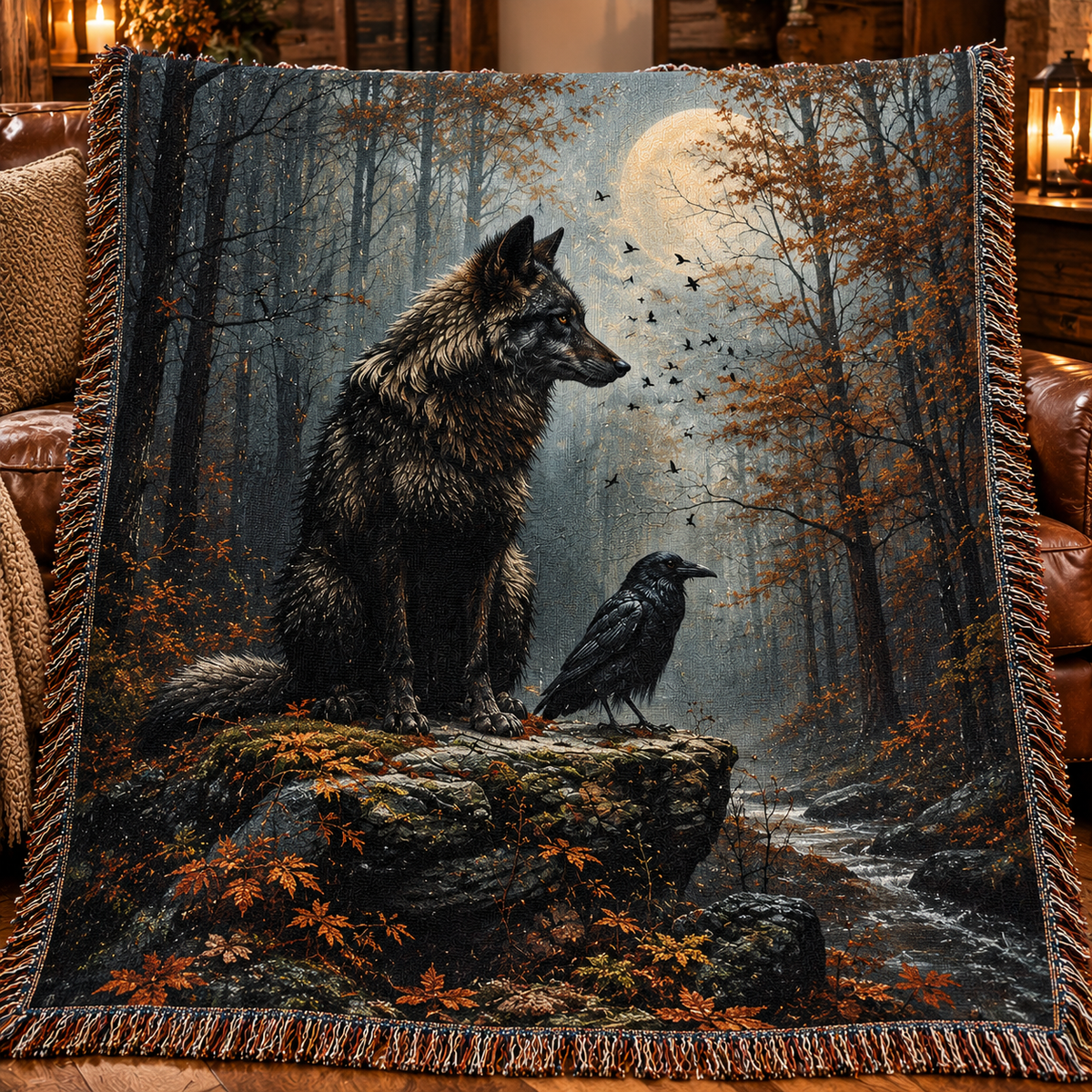 Mystic Wolf and Raven Woven Blanket – Autumn Forest & Full Moon Tapestry Throw Fall Decor