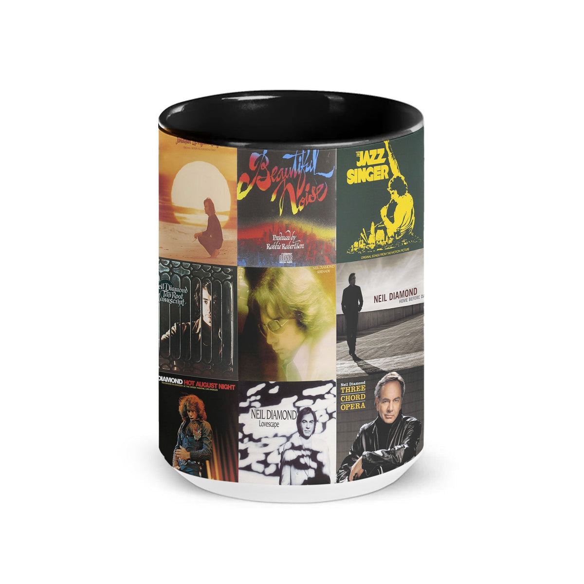 Neil Diamond Black Two-Tone Accent Coffee Mug - Classic Band Album Covers Collage Mug