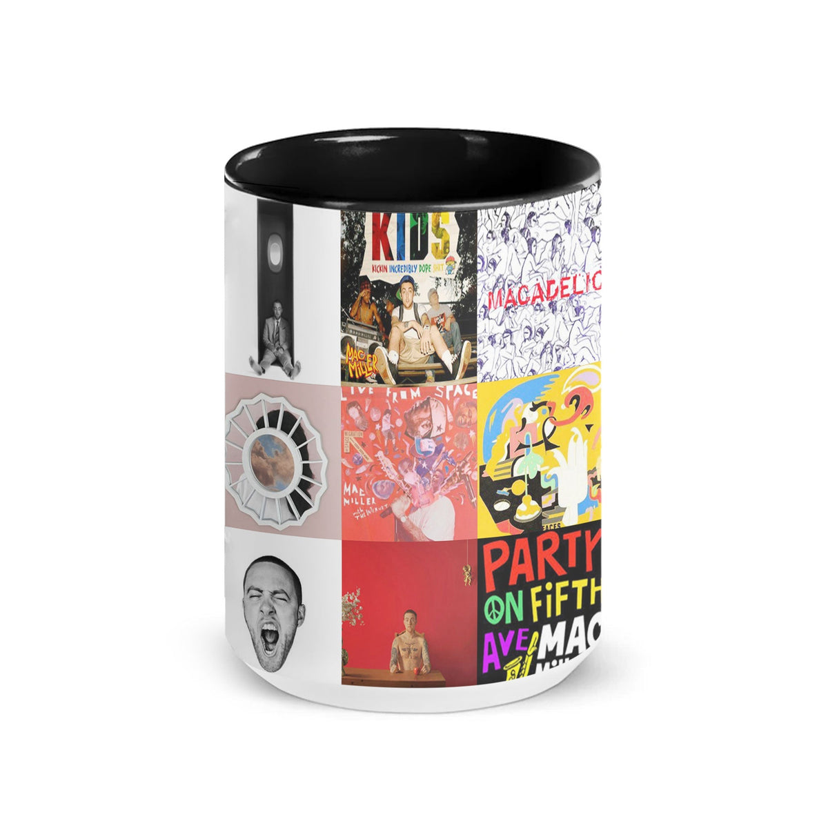 Mac Miller Black Two-Tone Accent Coffee Mug - Classic Band Album Covers Collage Mug