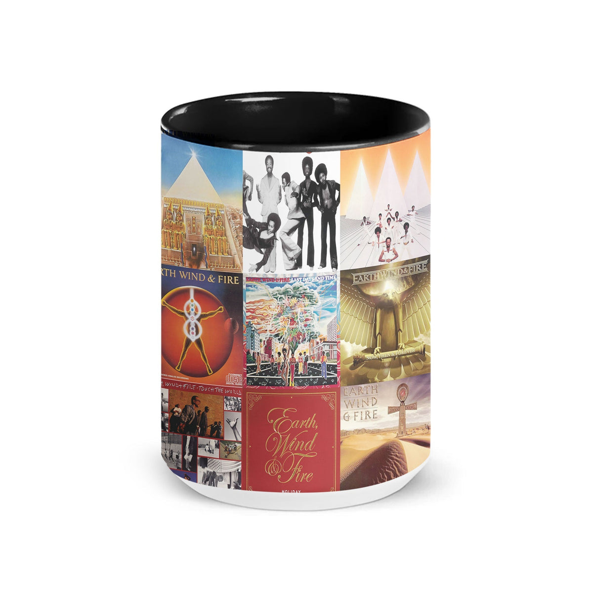 Earth, Wind & Fire Black Two-Tone Accent Coffee Mug - Classic Band Album Covers Collage Mug