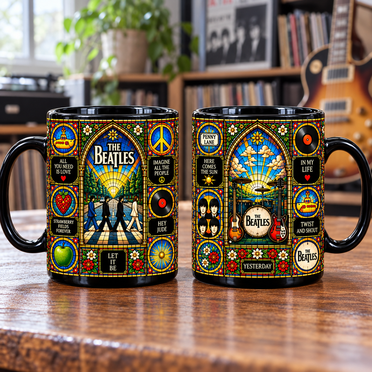 The Beatles Stained Glass Ceramic Coffee Mug - Abbey Road & Yellow Submarine Cup - Rock Band Fan Unique Gift Idea