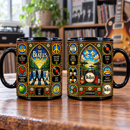 The Beatles Stained Glass Ceramic Coffee Mug - Abbey Road & Yellow Submarine Cup - Rock Band Fan Unique Gift Idea