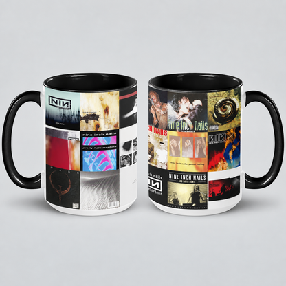 Nine Inch Nails Black Two-Tone Accent Coffee Mug - Classic Band Album Covers Collage Mug