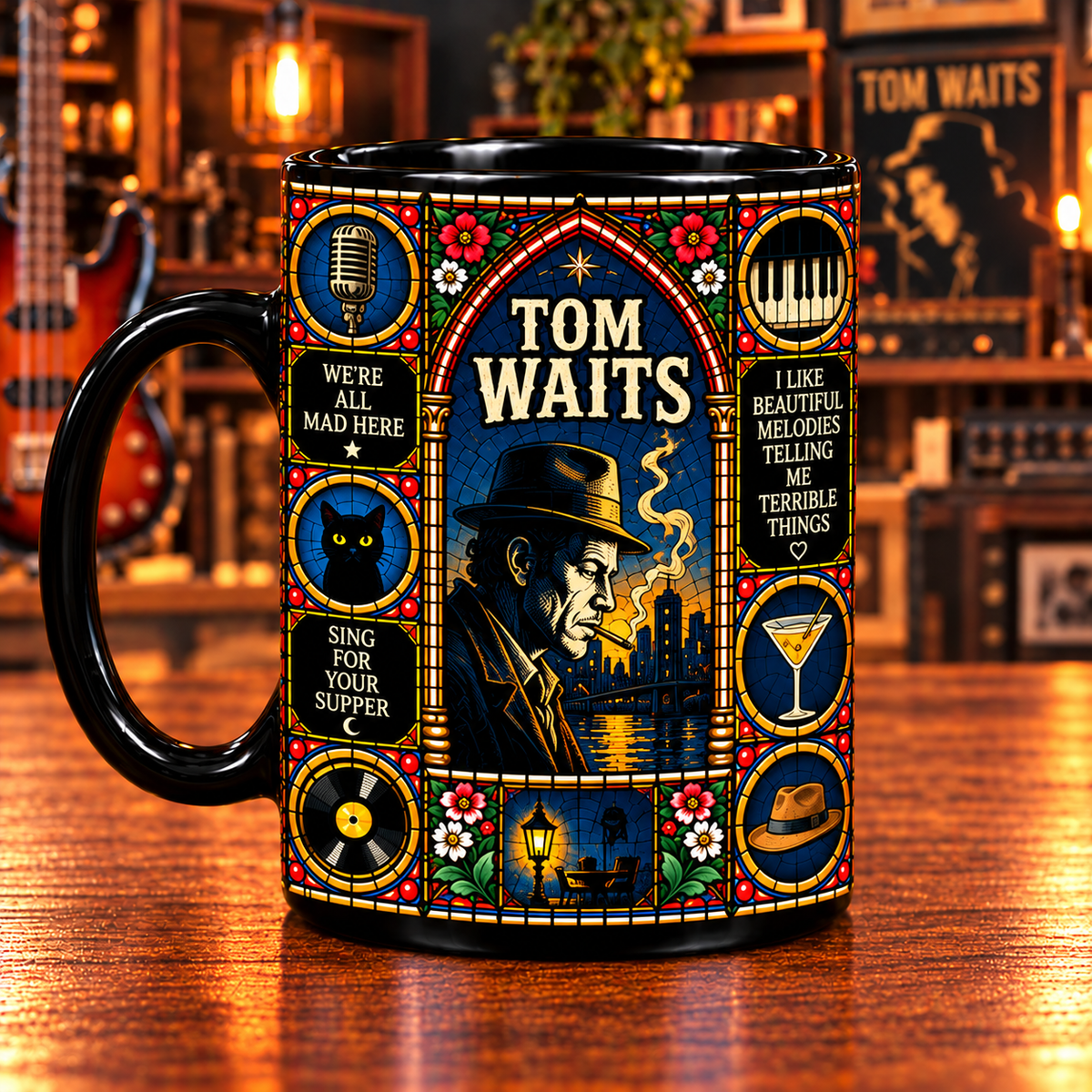 Tom Waits Stained Glass Art Mug – Blues Jazz Black Ceramic Coffee Cup, Rain Dogs & Closing Time Inspired Gothic Design