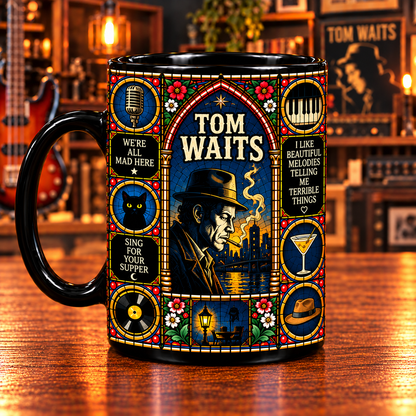 Tom Waits Stained Glass Art Mug – Blues Jazz Black Ceramic Coffee Cup, Rain Dogs & Closing Time Inspired Gothic Design