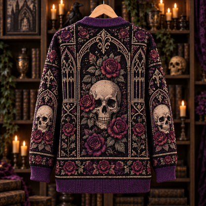 Gothic Skull Rose Cardigan, Purple Victorian Knit Sweater, Dark Academia Gothic Cardigan, Skull & Roses Alternative Fashion Gift