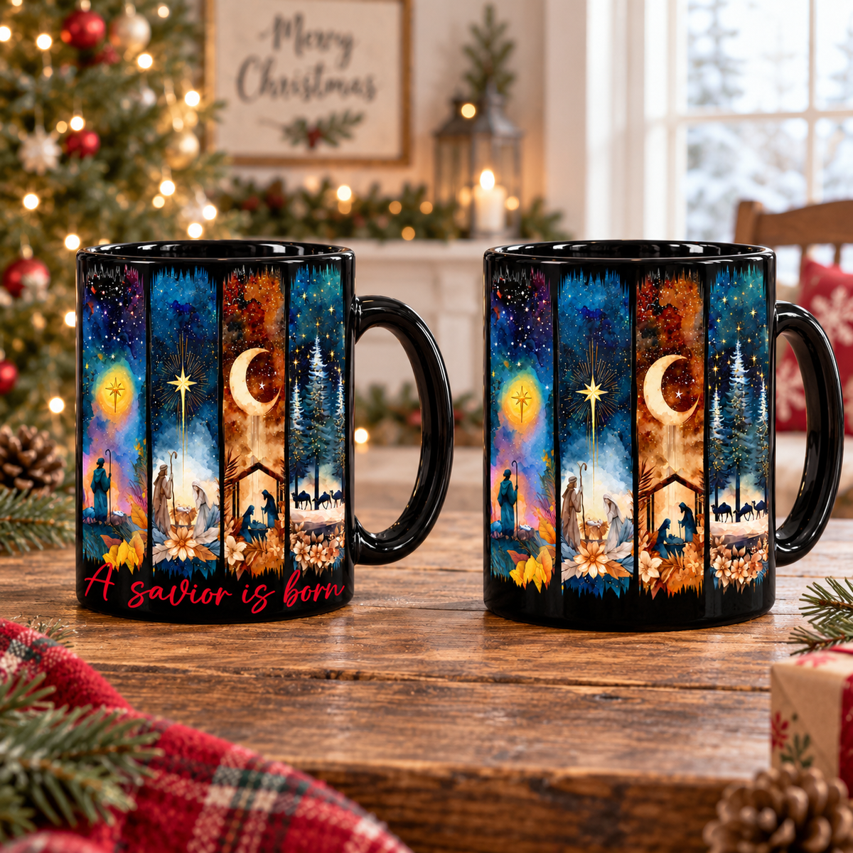 A Savior Is Born Christmas Mug – Stained Glass Nativity Coffee Cup, Religious Christmas Gift