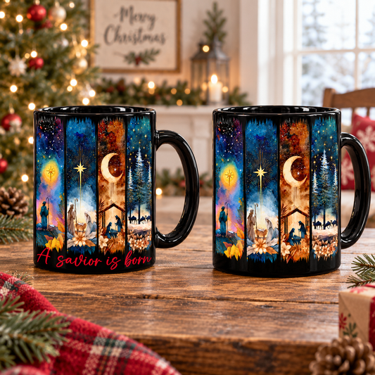 A Savior Is Born Christmas Mug – Stained Glass Nativity Coffee Cup, Religious Christmas Gift
