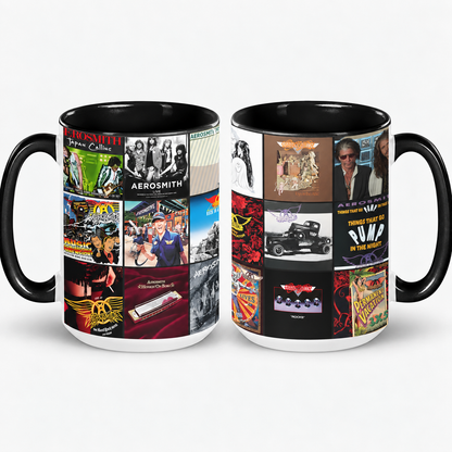 Aerosmith Black Two-Tone Accent Coffee Mug - Classic Rock Band Album Covers Collage Mug