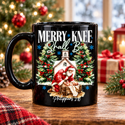 Every Knee Shall Bow Christmas Mug, Christian Christmas Mug – Santa Worshiping Baby Jesus Cup