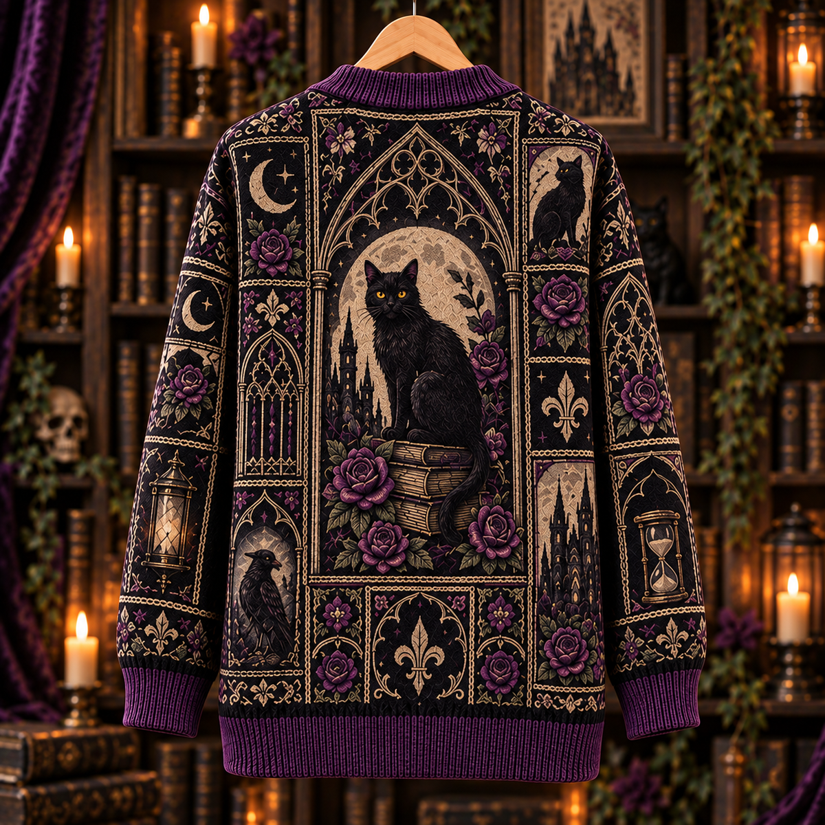 Gothic Black Cat Cardigan, Purple Rose Victorian Knit Sweater, Dark Academia Cat Cardigan, Witchy Halloween Alternative Gift