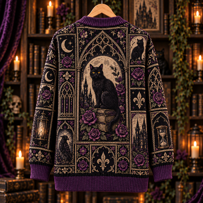 Gothic Black Cat Cardigan, Purple Rose Victorian Knit Sweater, Dark Academia Cat Cardigan, Witchy Halloween Alternative Gift