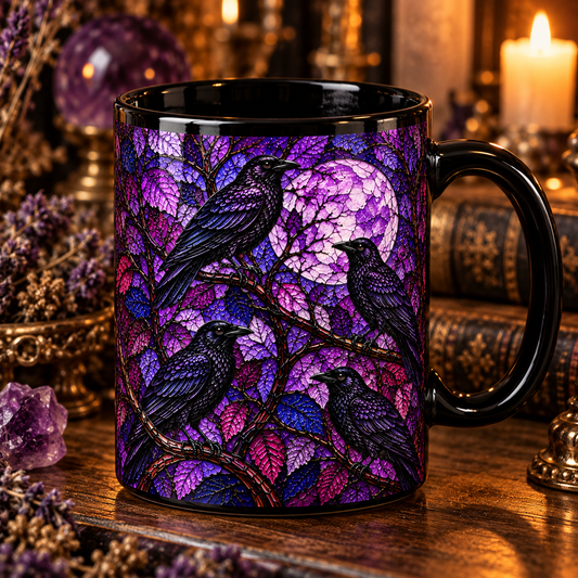 Stained Glass Purple Raven Coffee Mug – Gothic Full Moon Crow Mosaic Ceramic Cup
