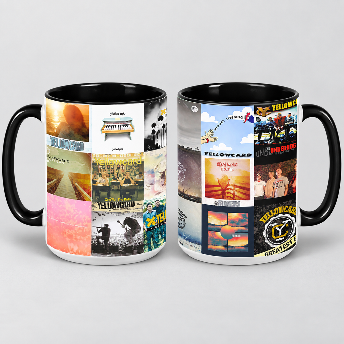 Yellowcard Black Two-Tone Accent Coffee Mug - Classic Rock Band Album Covers Collage Mug