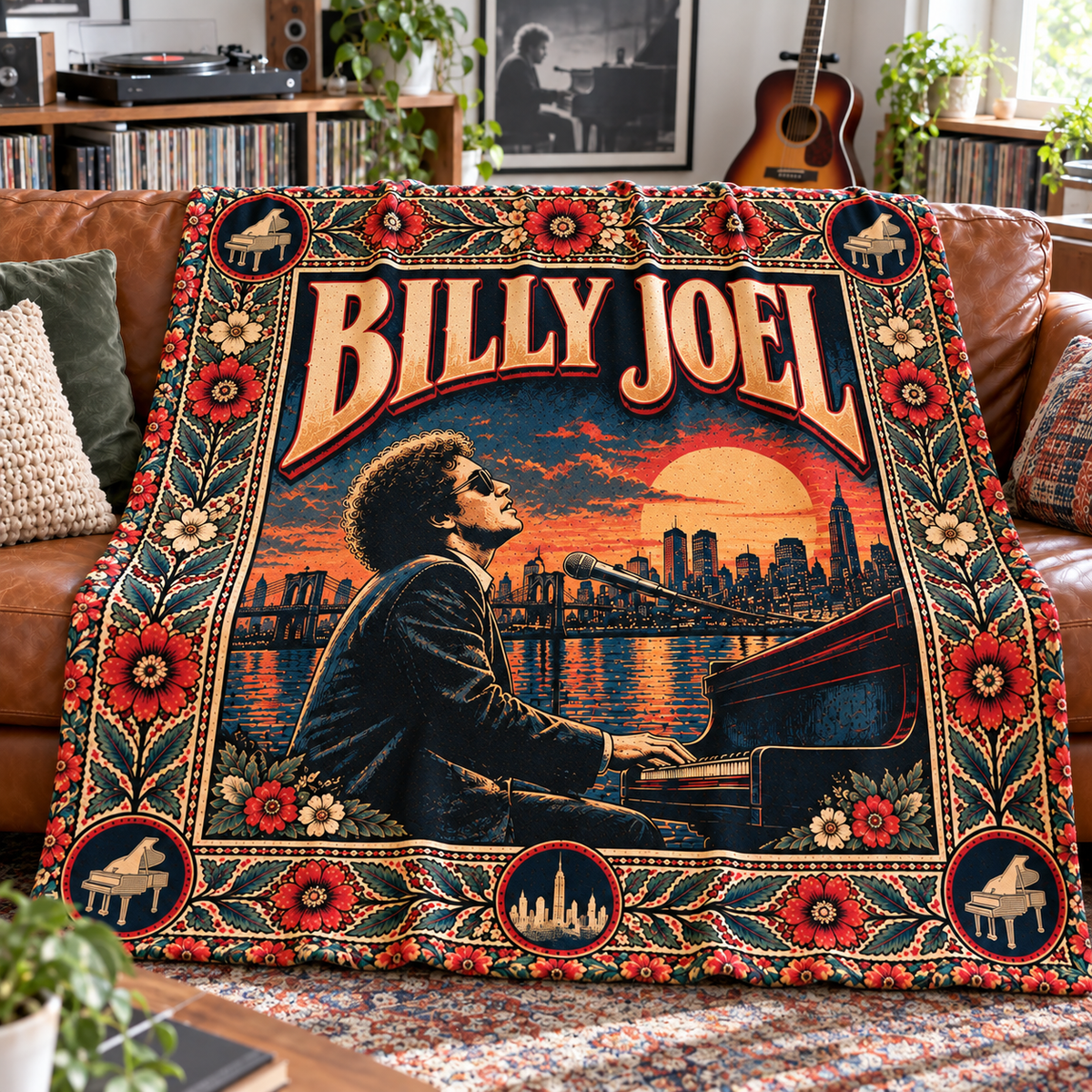 Billy Joel Sherpa Throw Blanket - Piano Man & NYC Skyline Soft Plush Cover - Rock Pop Music Legend Fan Unique Gift Idea