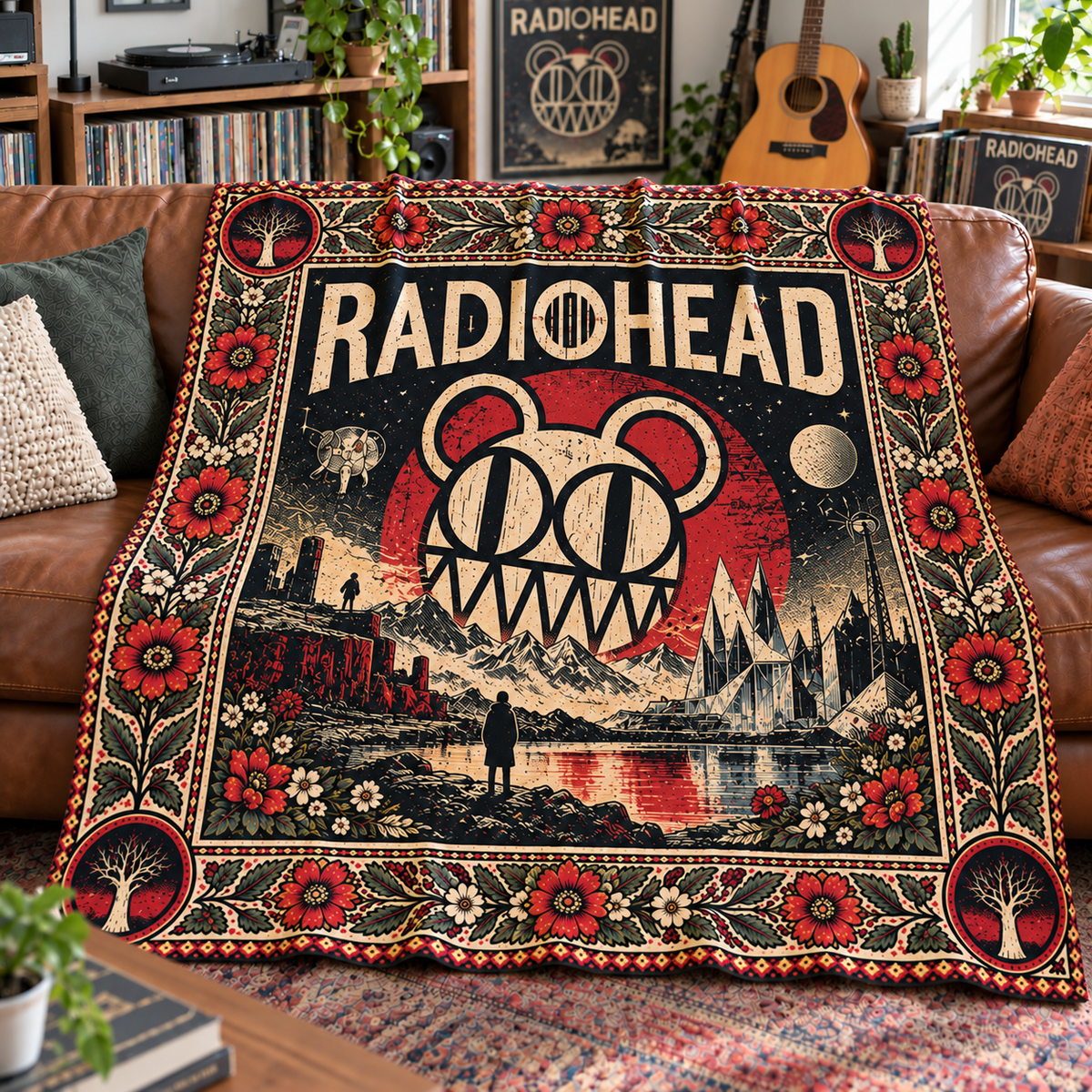 Radiohead Sherpa Throw Blanket - Modified Bear & Kid A Mountain Soft Cover - Alternative Rock Music Band Fan Unique Gift Idea
