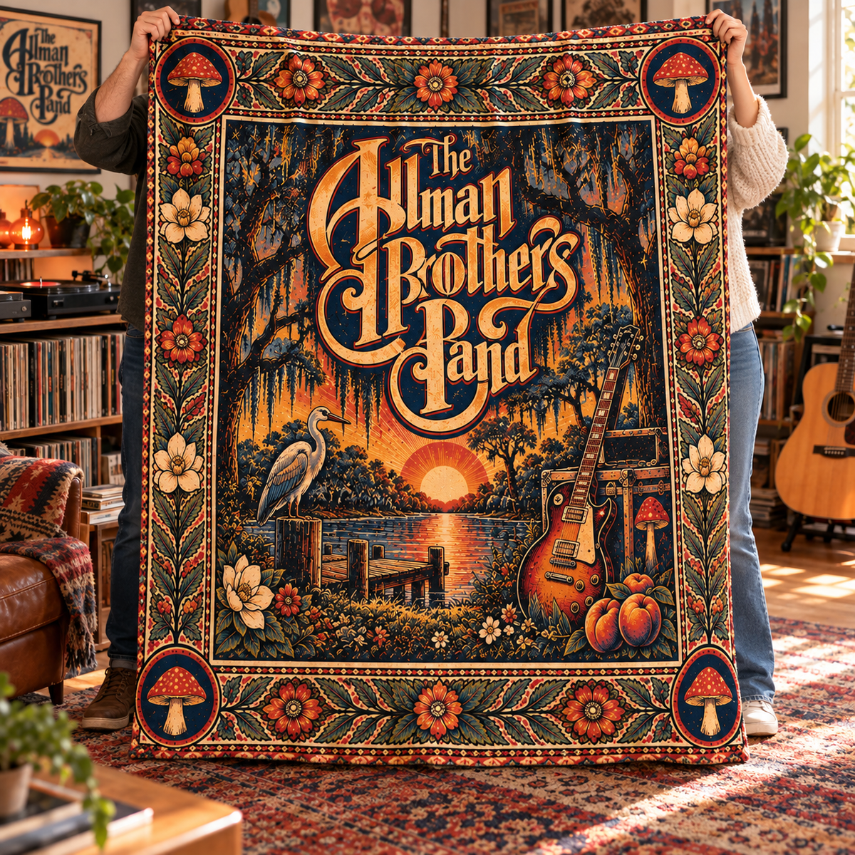 The Allman Brothers Band Sherpa Throw Blanket - Eat a Peach & Guitar Plush Cover - Southern Rock Music Fan Unique Gift Idea