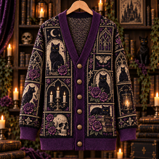 Gothic Black Cat Cardigan, Purple Rose Victorian Knit Sweater, Dark Academia Cat Cardigan, Witchy Halloween Alternative Gift