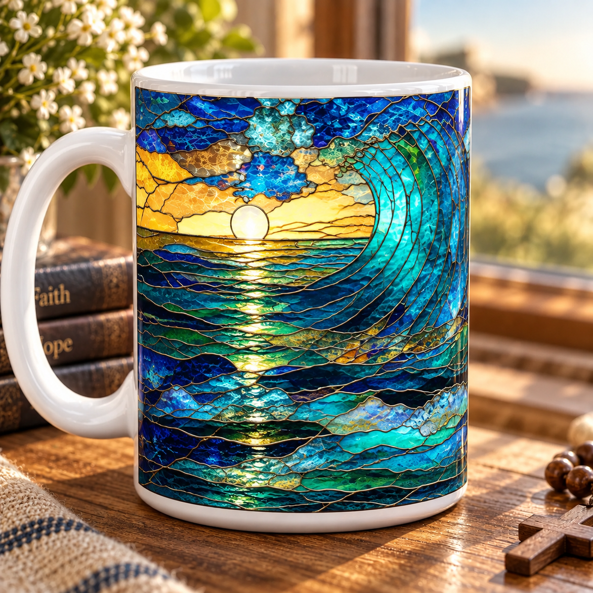 Jesus Walking on Water Mug, Christian Stained Glass Coffee Cup, Faith Over Fear Religious Gift, Bible Inspired Christian Decor