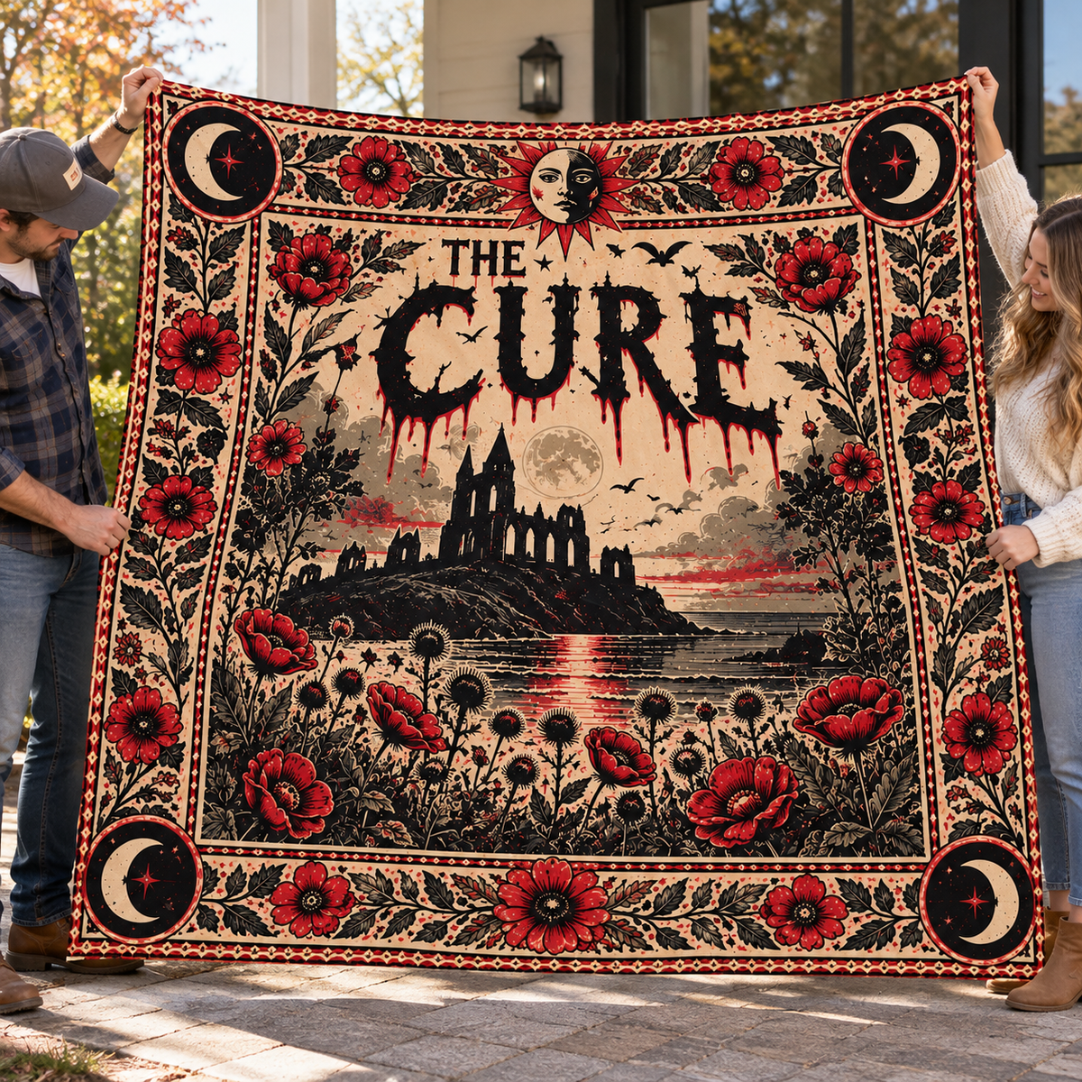 The Cure Band Sherpa Throw Blanket - Gothic Castle & Red Poppy Soft Cover - Post Punk Rock Music Fan Unique Gift Idea