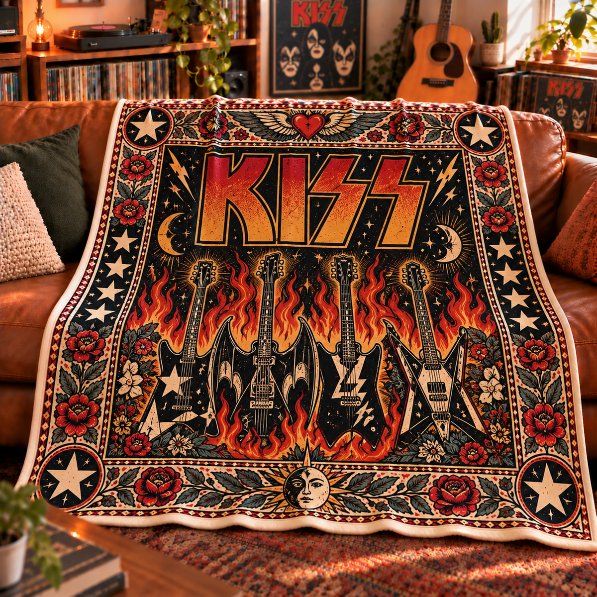 KISS Band Sherpa Throw Blanket - Electric Guitars & Flames Soft Cover - Hard Rock Glam Metal Legend Fan Unique Gift Idea