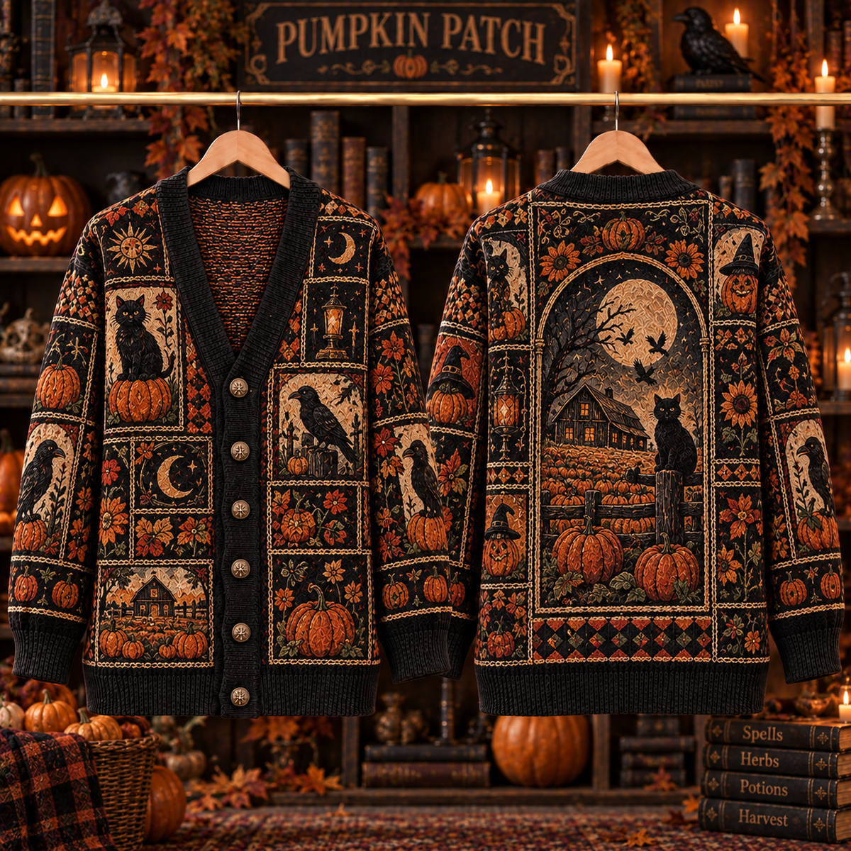 Pumpkin Patch Cardigan, Black Cat & Raven Halloween Knit Sweater, Gothic Fall Cardigan, Vintage Pumpkin Harvest Autumn Gift