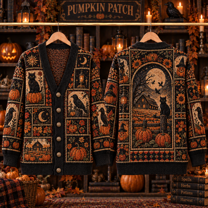 Pumpkin Patch Cardigan, Black Cat & Raven Halloween Knit Sweater, Gothic Fall Cardigan, Vintage Pumpkin Harvest Autumn Gift