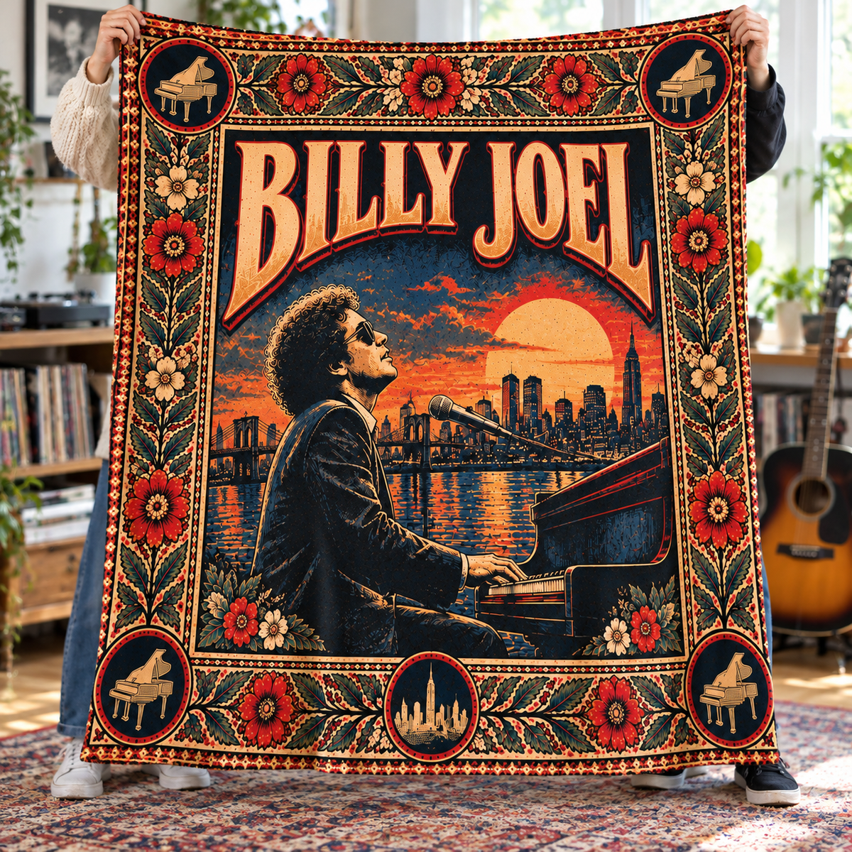 Billy Joel Sherpa Throw Blanket - Piano Man & NYC Skyline Soft Plush Cover - Rock Pop Music Legend Fan Unique Gift Idea