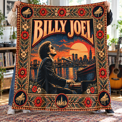 Billy Joel Sherpa Throw Blanket - Piano Man & NYC Skyline Soft Plush Cover - Rock Pop Music Legend Fan Unique Gift Idea