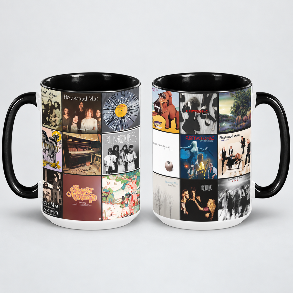 Fleetwood Mac Black Two-Tone Accent Coffee Mug - Classic Band Album Covers Collage Mug