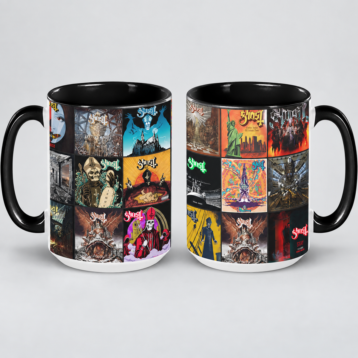 Ghost Band Black Two-Tone Accent Coffee Mug - Classic Band Album Covers Collage Mug