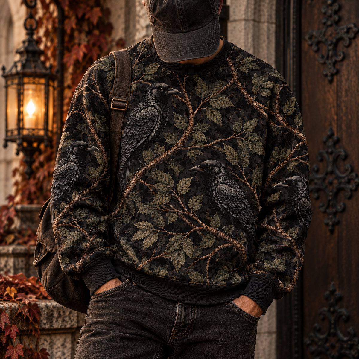 Black Raven Sweater, Crow & Branches All Over Print Sweater, Dark Woodland Bird Sweater, Gothic Nature Clothing, Raven Lover Gift
