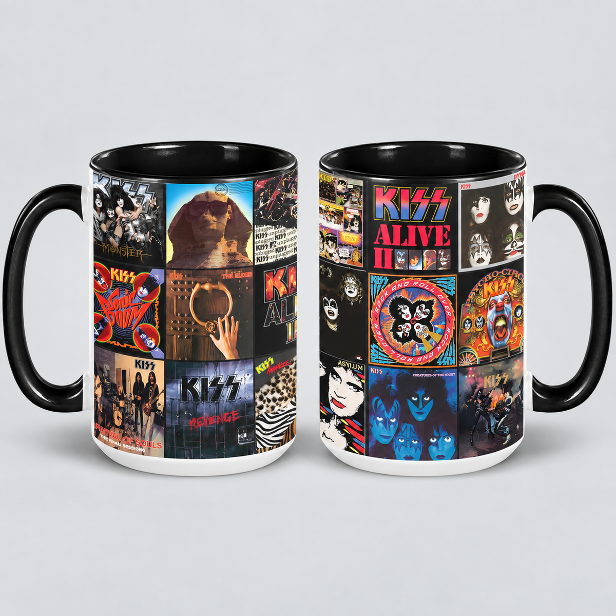 KISS Black Two-Tone Accent Coffee Mug - Classic Rock Band Album Covers Collage Mug
